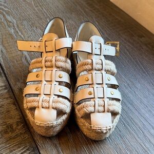 Tory Burch Cream and Tan Espadrille Wedges